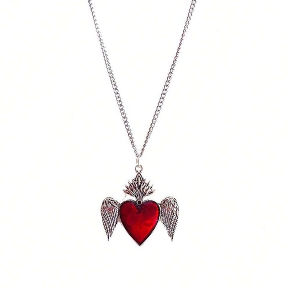 Winged Sacred Heart Ruby Red Fiery Jesus Immaculate Mary Catholic Steel Necklace - Picture 8 of 11